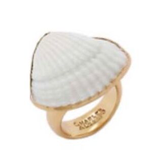 ARK SHELL RING, WHITE AND GOLD TONE, ADJUSTABLE ONE SIZE, LARGE FREEFORM,